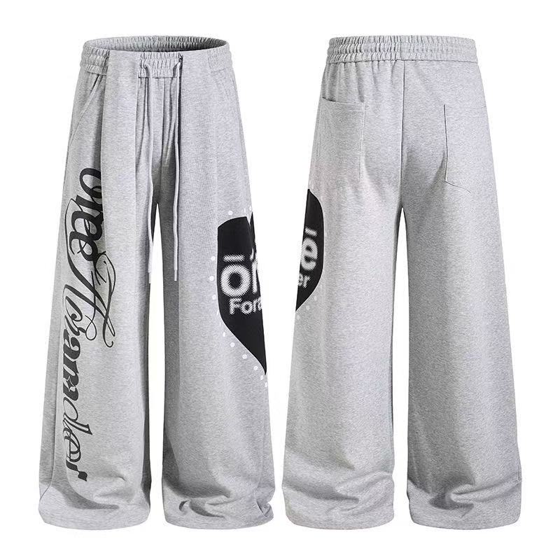 Side Heart & Cursive Text Print Wide-Leg Sweatpants - OMYGOODS