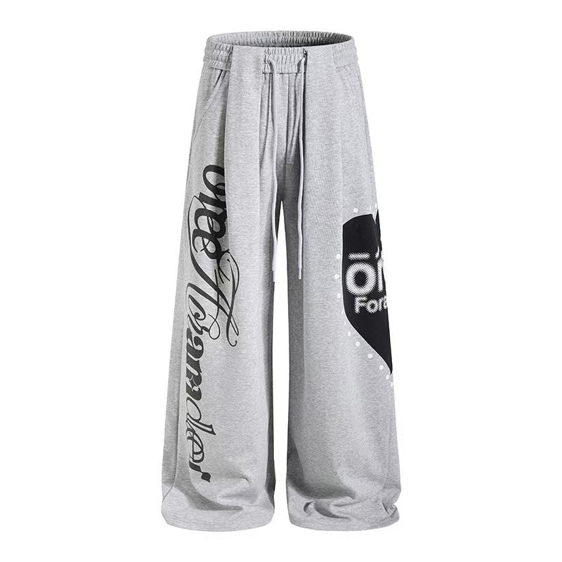 Side Heart & Cursive Text Print Wide-Leg Sweatpants - OMYGOODS