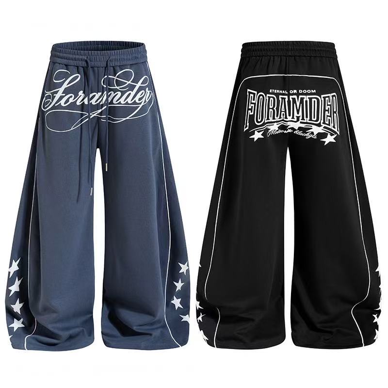 Cursive Text & Side Star Print Wide-Leg Sweatpants - OMYGOODS