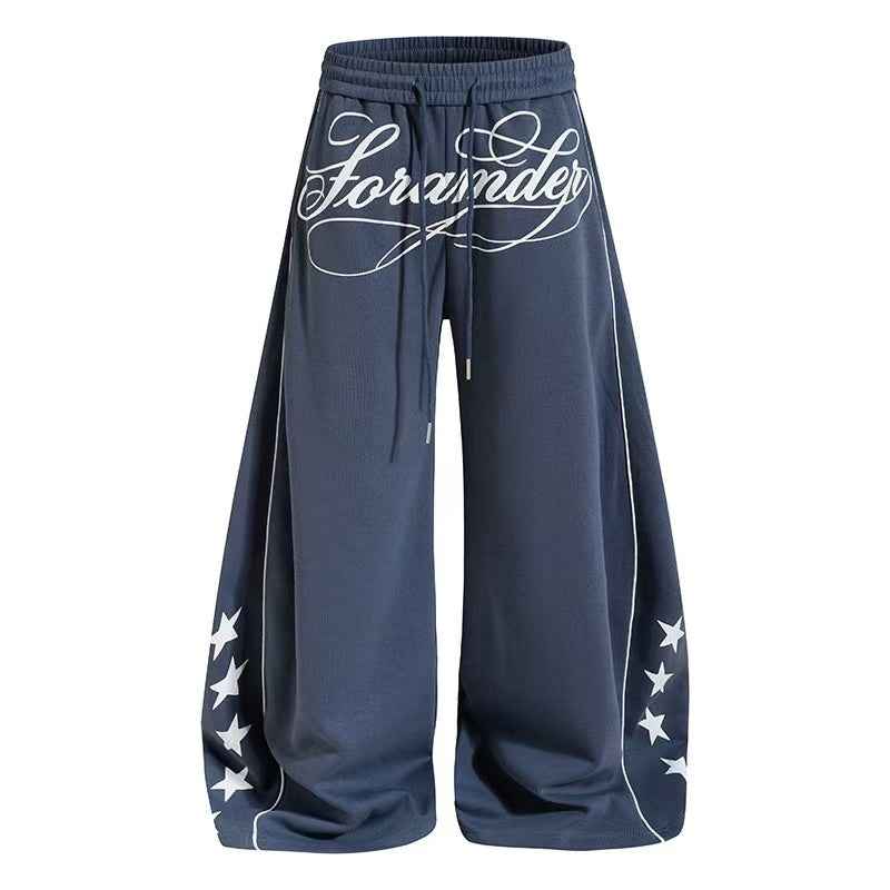 Cursive Text & Side Star Print Wide-Leg Sweatpants