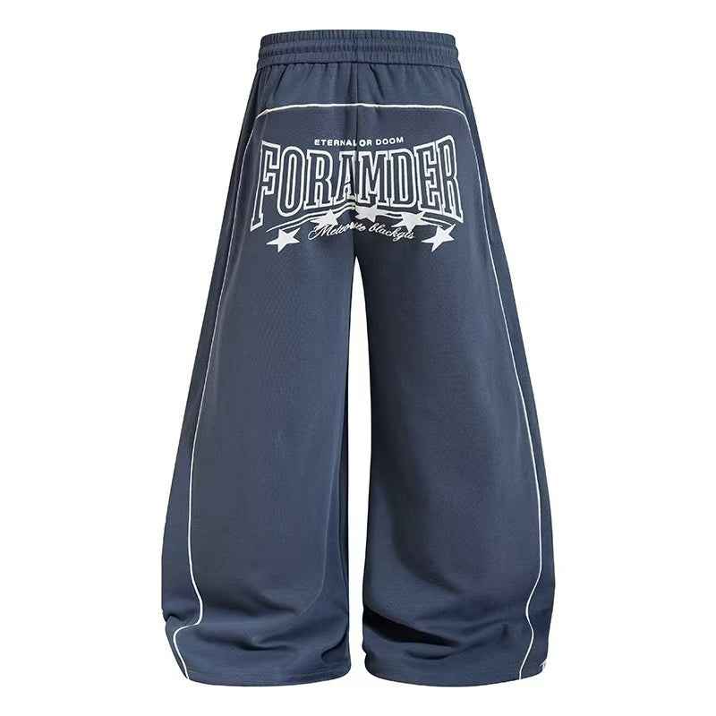 Cursive Text & Side Star Print Wide-Leg Sweatpants