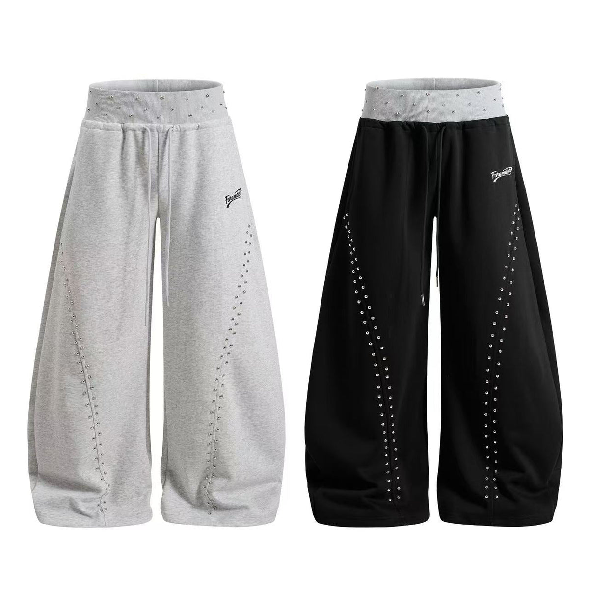 Rhinestone Studded Side Seam Arc Wide-Leg Sweatpants - OMYGOODS
