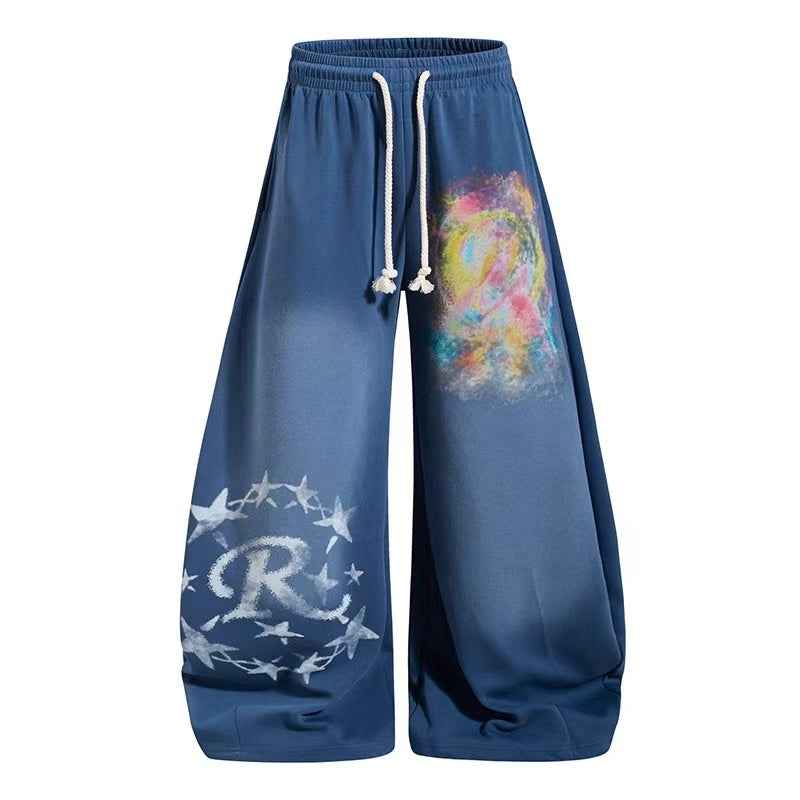 Zebra Heart Patches & Star Rhinestone Print Baggy Wide-Leg Sweatpants