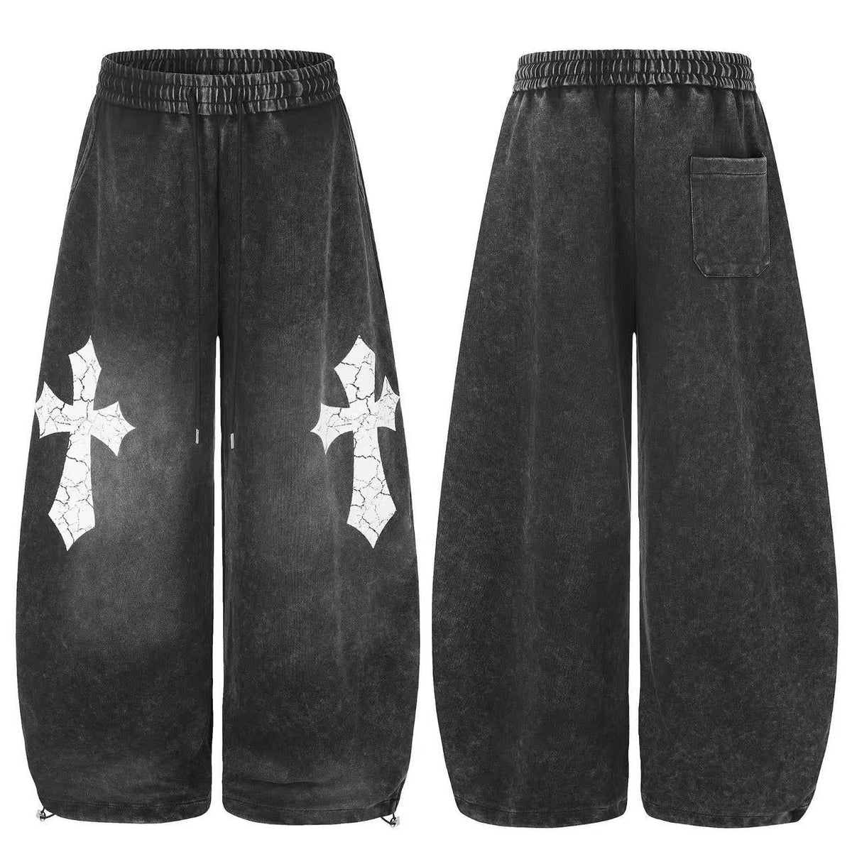 Washed Cracked Cross Baggy Wide-Leg Sweatpants - OMYGOODS