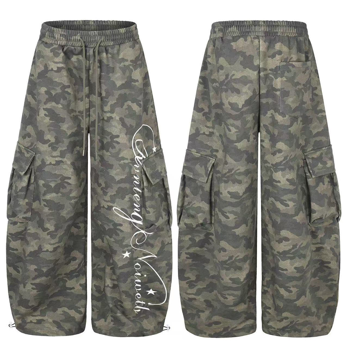Camo Cursive Script Print Wide-Leg Sweatpants - OMYGOODS