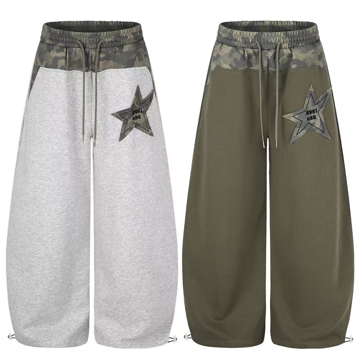 Color Block Camo Waist Yoke & Star Patch Wide-Leg Sweatpants - OMYGOODS
