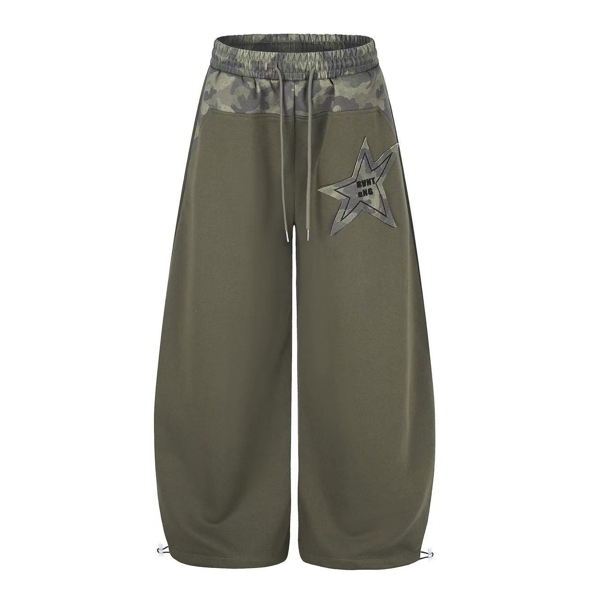Color Block Camo Waist Yoke & Star Patch Wide-Leg Sweatpants - OMYGOODS