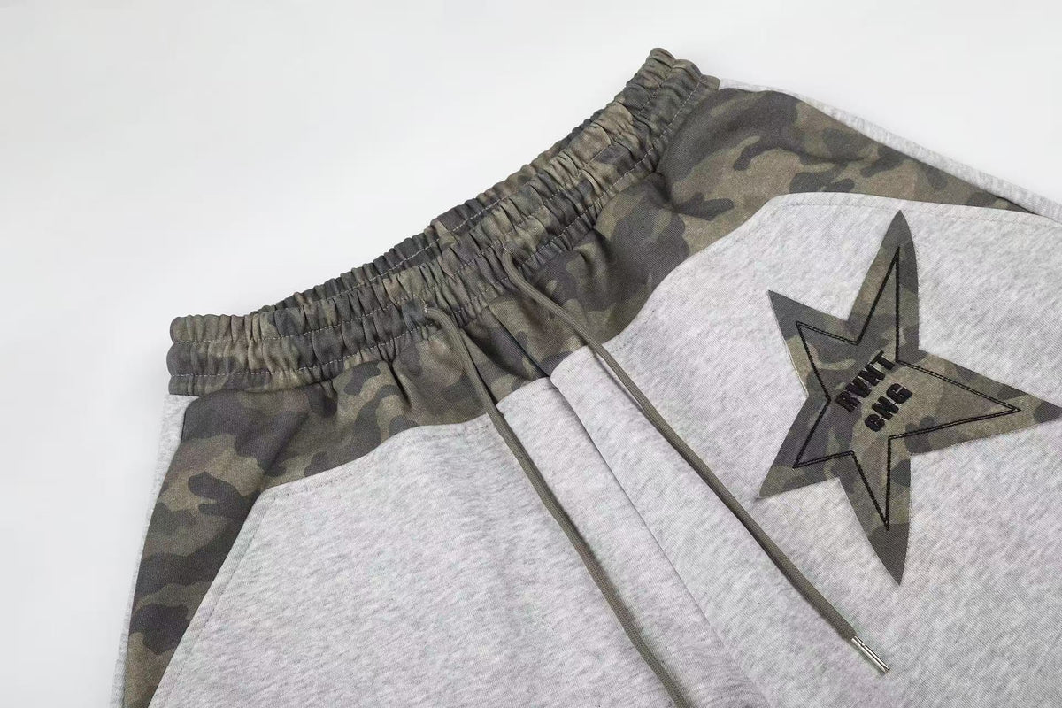 Color Block Camo Waist Yoke & Star Patch Wide-Leg Sweatpants - OMYGOODS