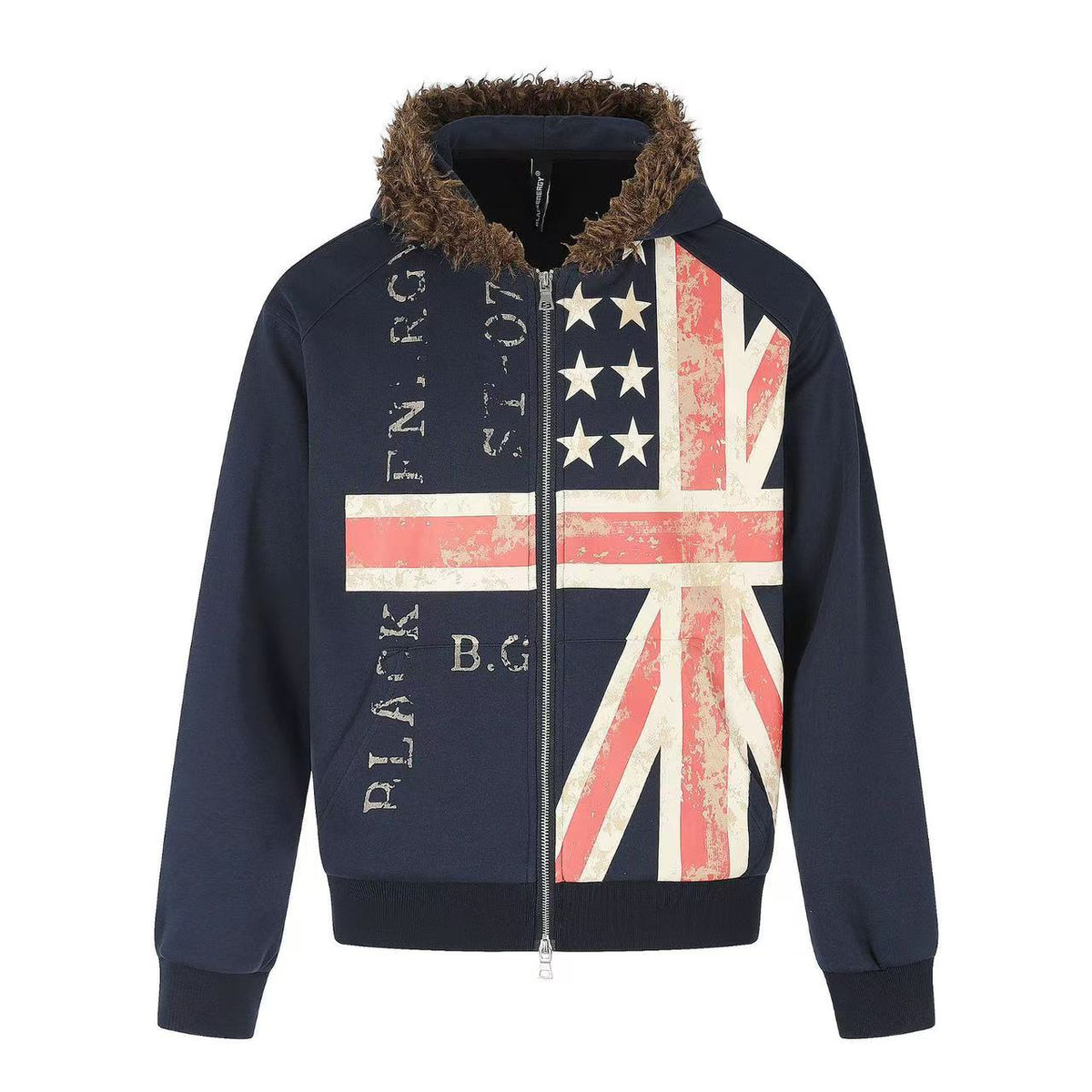 Vintage Union Flag Faux Fur Zip Up Hooded - OMYGOODS