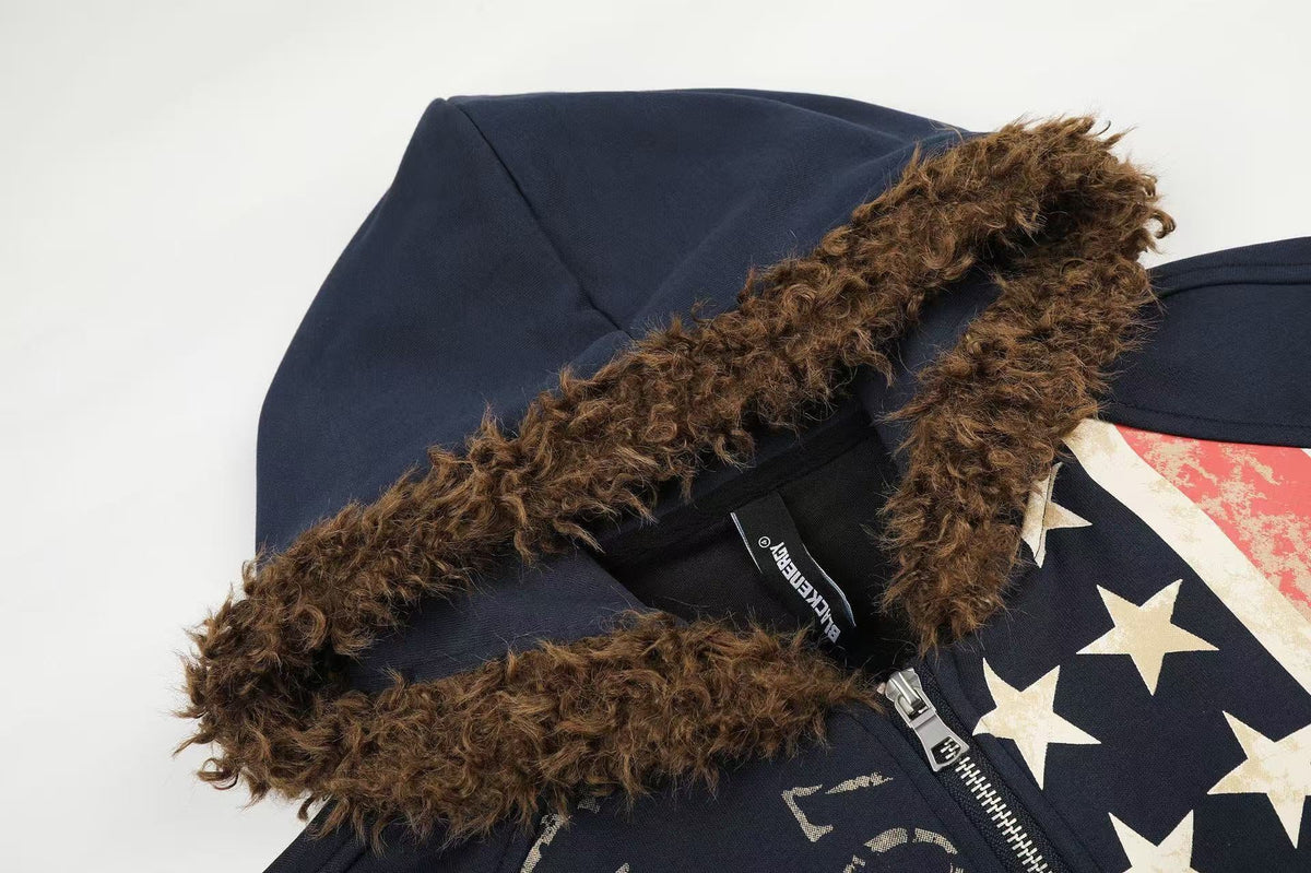 Vintage Union Flag Faux Fur Zip Up Hooded - OMYGOODS
