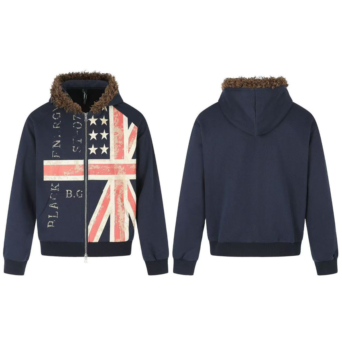 Vintage Union Flag Faux Fur Zip Up Hooded - OMYGOODS