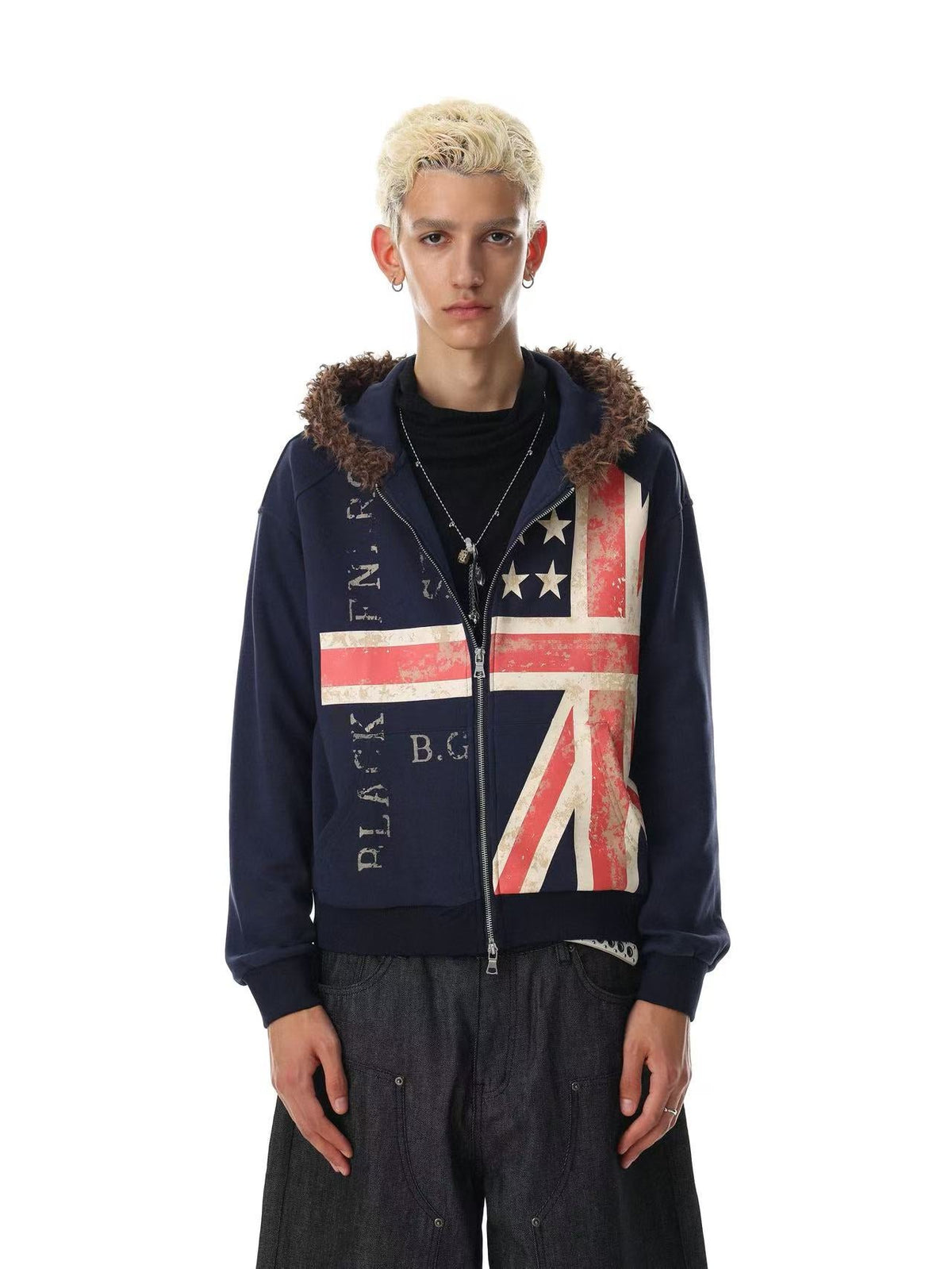 Vintage Union Flag Faux Fur Zip Up Hooded - OMYGOODS