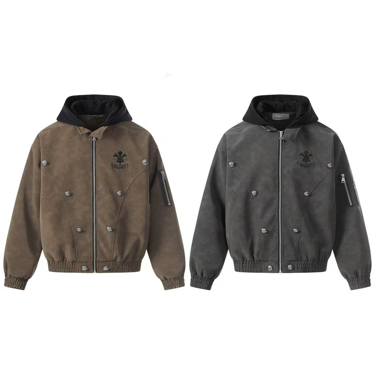 Fleur-de-lis Embroidery Detachable Hood Faux Leather Bomber Jacket - OMYGOODS