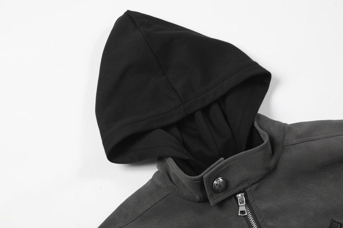 Fleur-de-lis Embroidery Detachable Hood Faux Leather Bomber Jacket - OMYGOODS