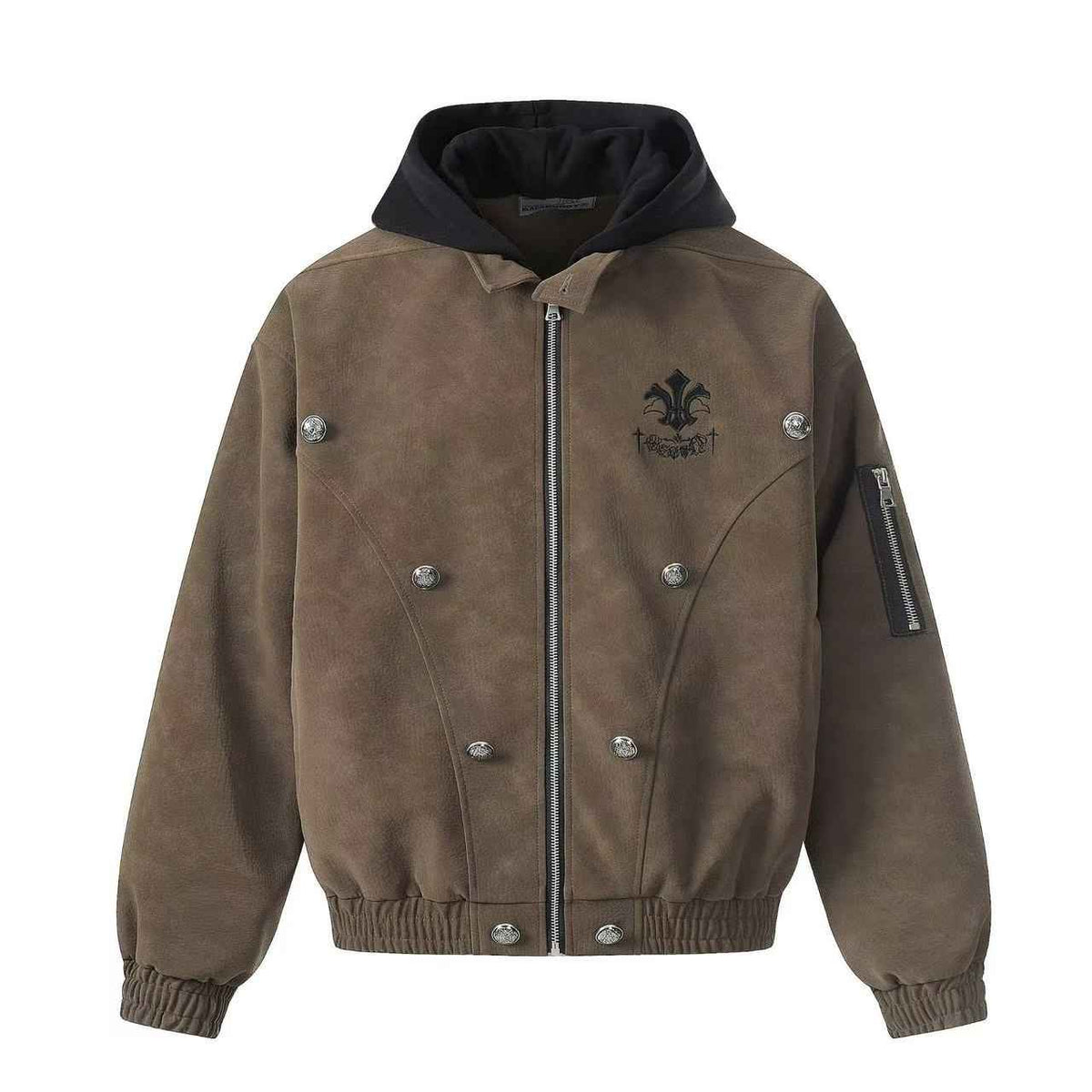 Fleur-de-lis Embroidery Detachable Hood Faux Leather Bomber Jacket