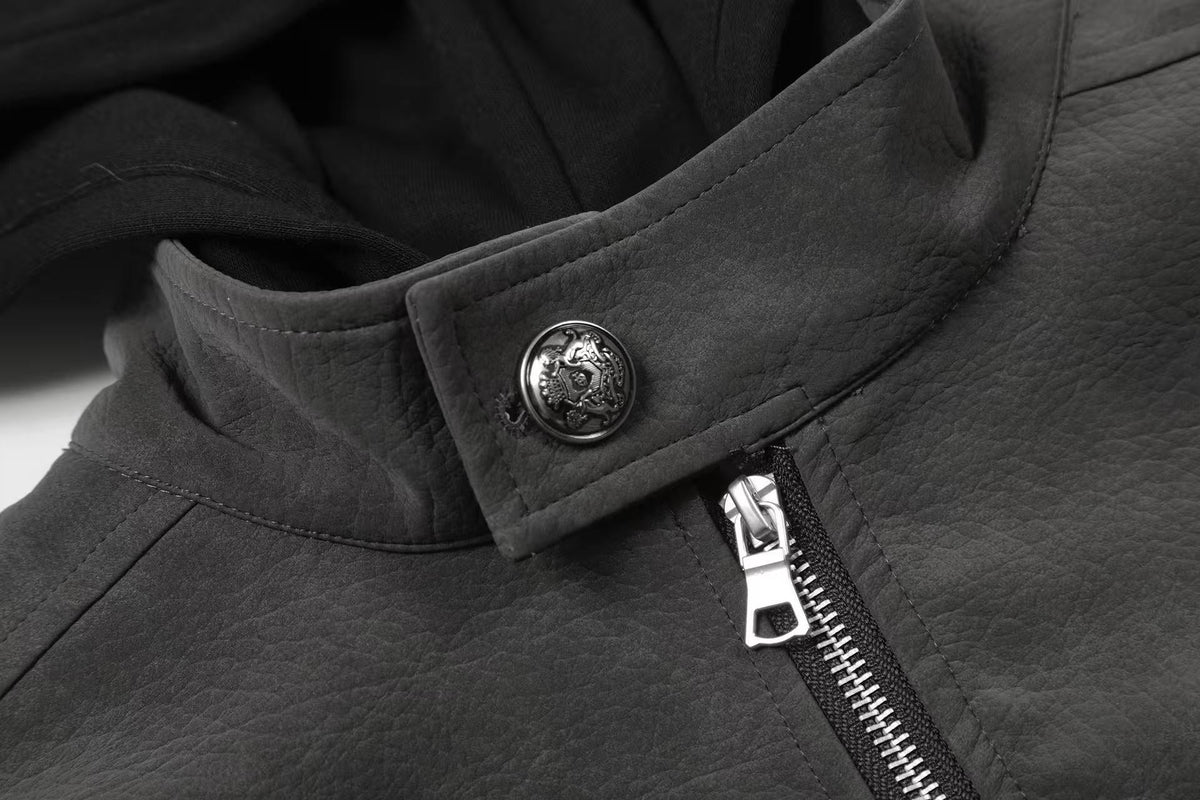 Fleur-de-lis Embroidery Detachable Hood Faux Leather Bomber Jacket - OMYGOODS