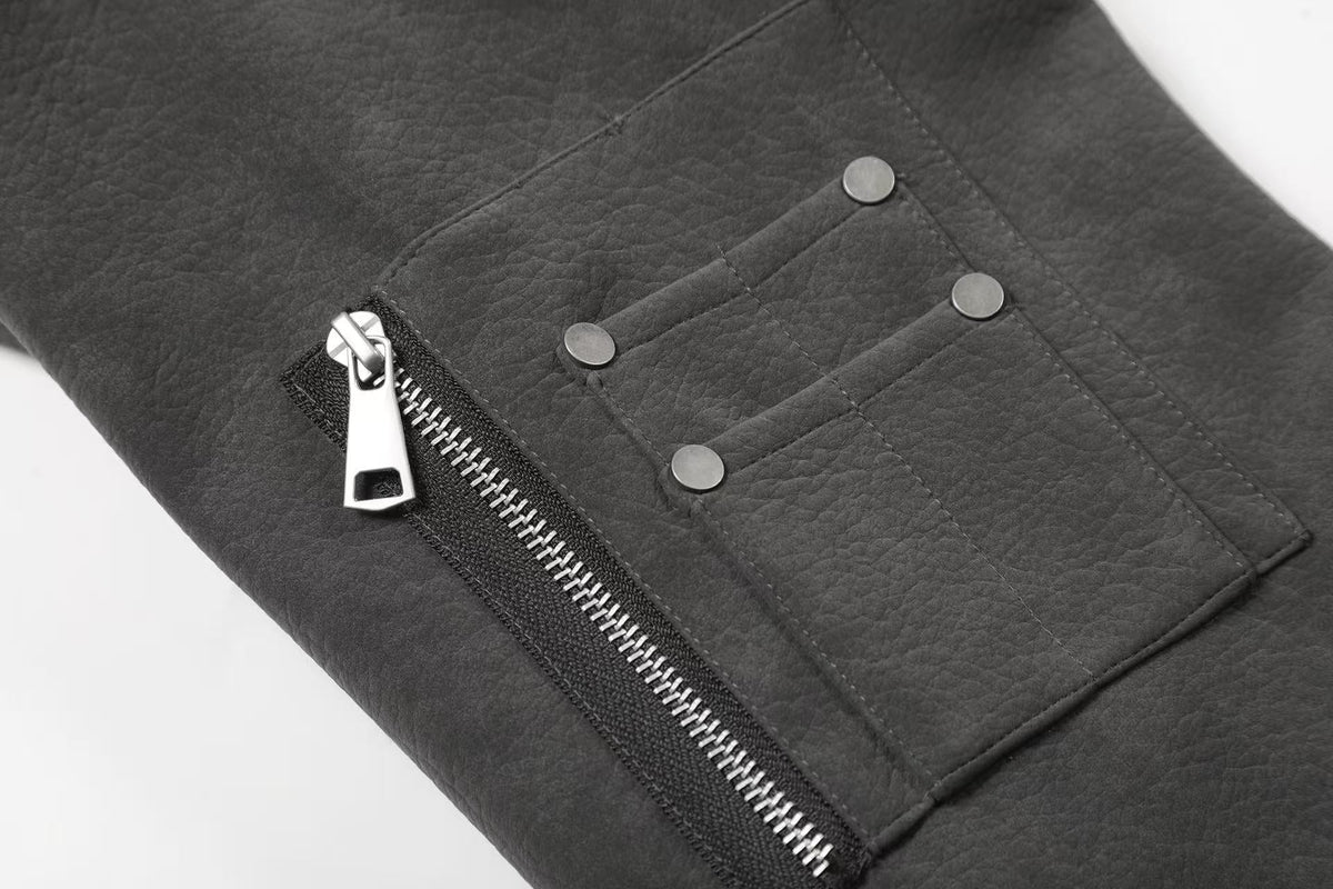Fleur-de-lis Embroidery Detachable Hood Faux Leather Bomber Jacket - OMYGOODS