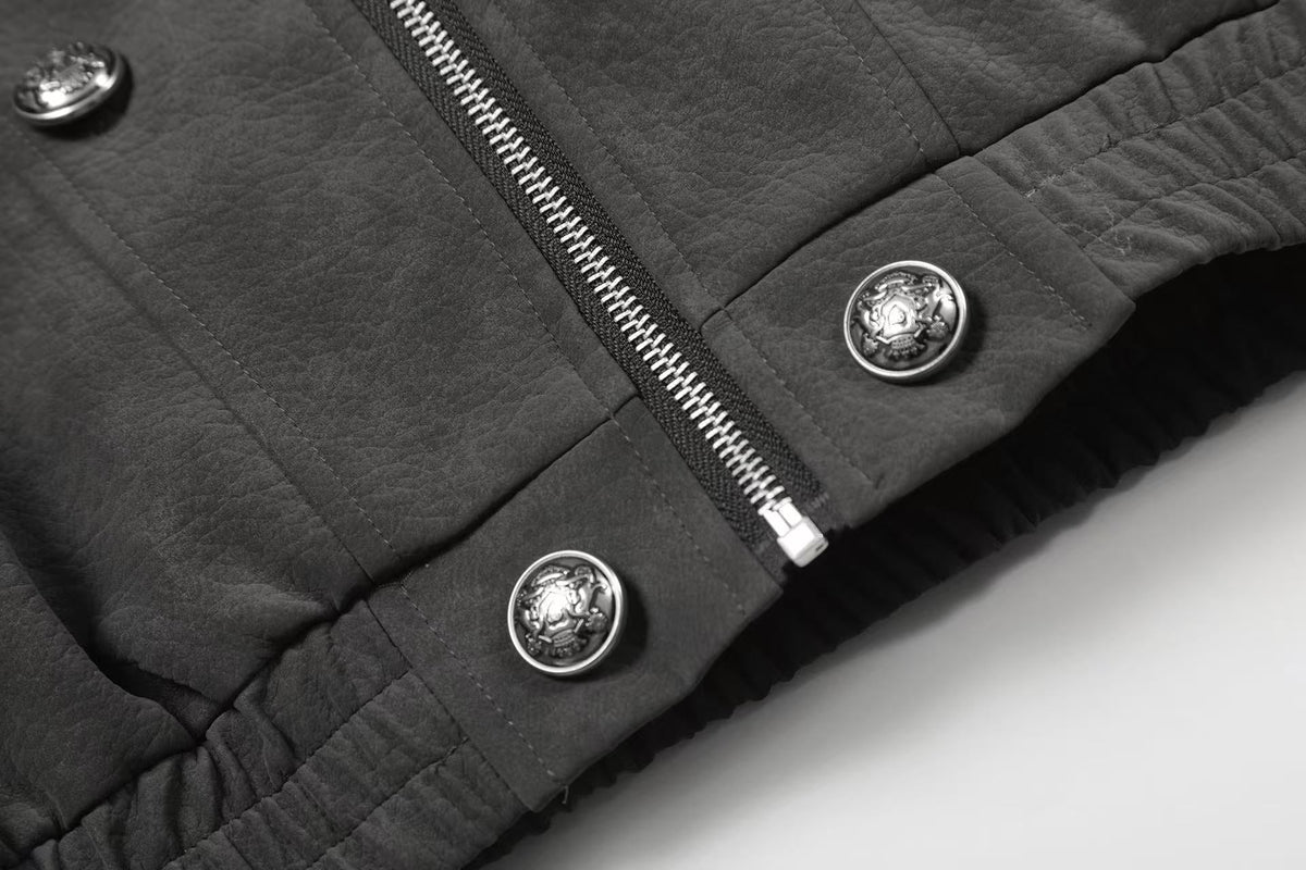 Fleur-de-lis Embroidery Detachable Hood Faux Leather Bomber Jacket - OMYGOODS