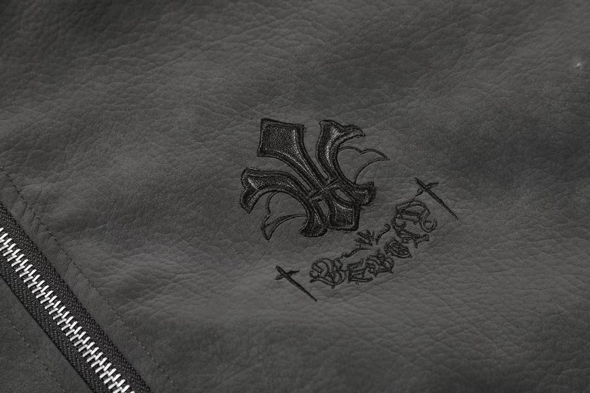 Fleur-de-lis Embroidery Detachable Hood Faux Leather Bomber Jacket - OMYGOODS