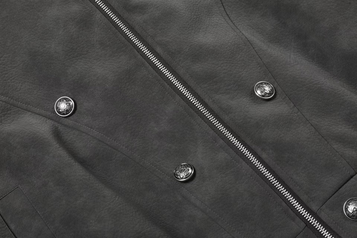 Fleur-de-lis Embroidery Detachable Hood Faux Leather Bomber Jacket - OMYGOODS