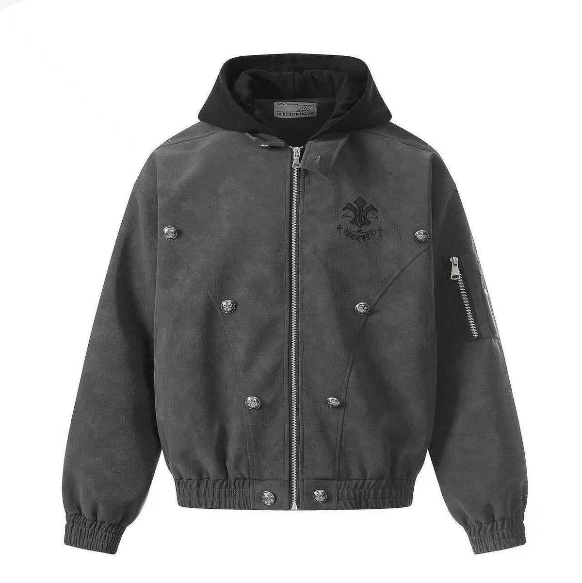 Fleur-de-lis Embroidery Detachable Hood Faux Leather Bomber Jacket