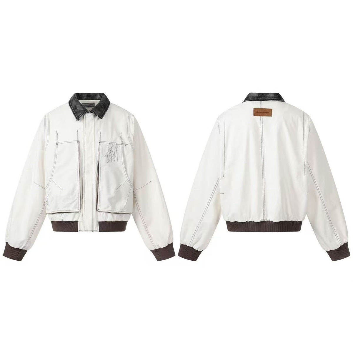 Contrast Leather Collar Stitched Line Workwear Bomber Jacket - OMYGOODS