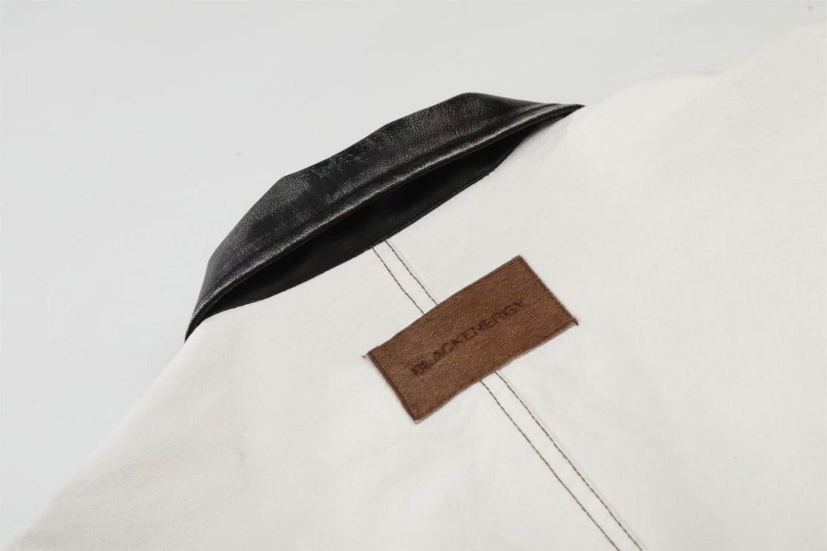 Contrast Leather Collar Stitched Line Workwear Bomber Jacket - OMYGOODS