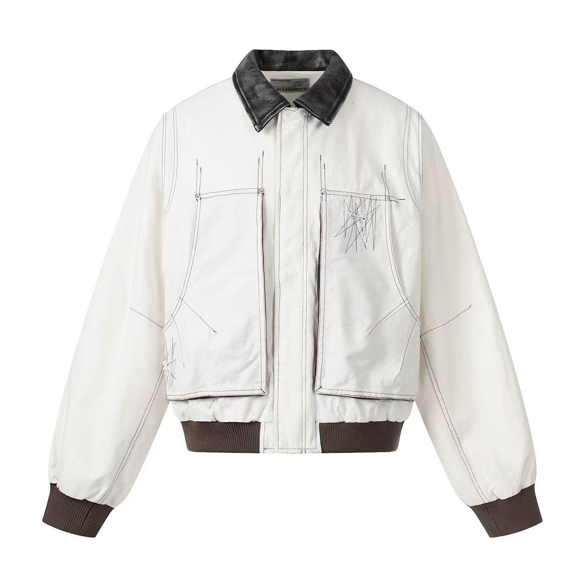 Contrast Leather Collar Stitched Line Workwear Bomber Jacket - OMYGOODS