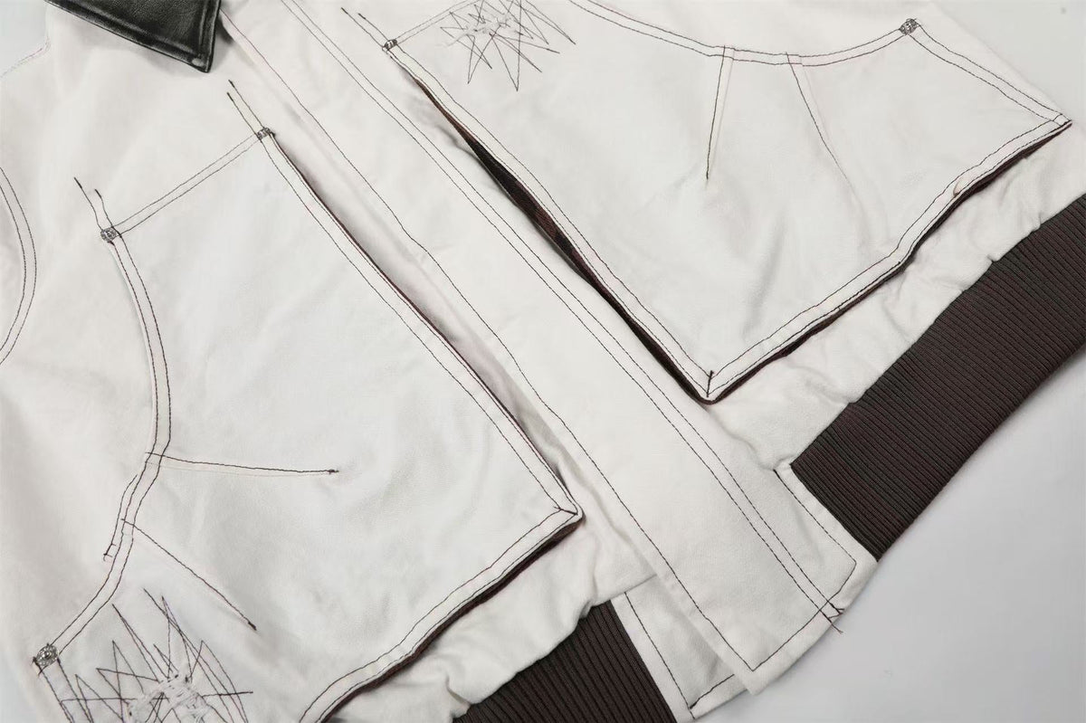 Contrast Leather Collar Stitched Line Workwear Bomber Jacket - OMYGOODS