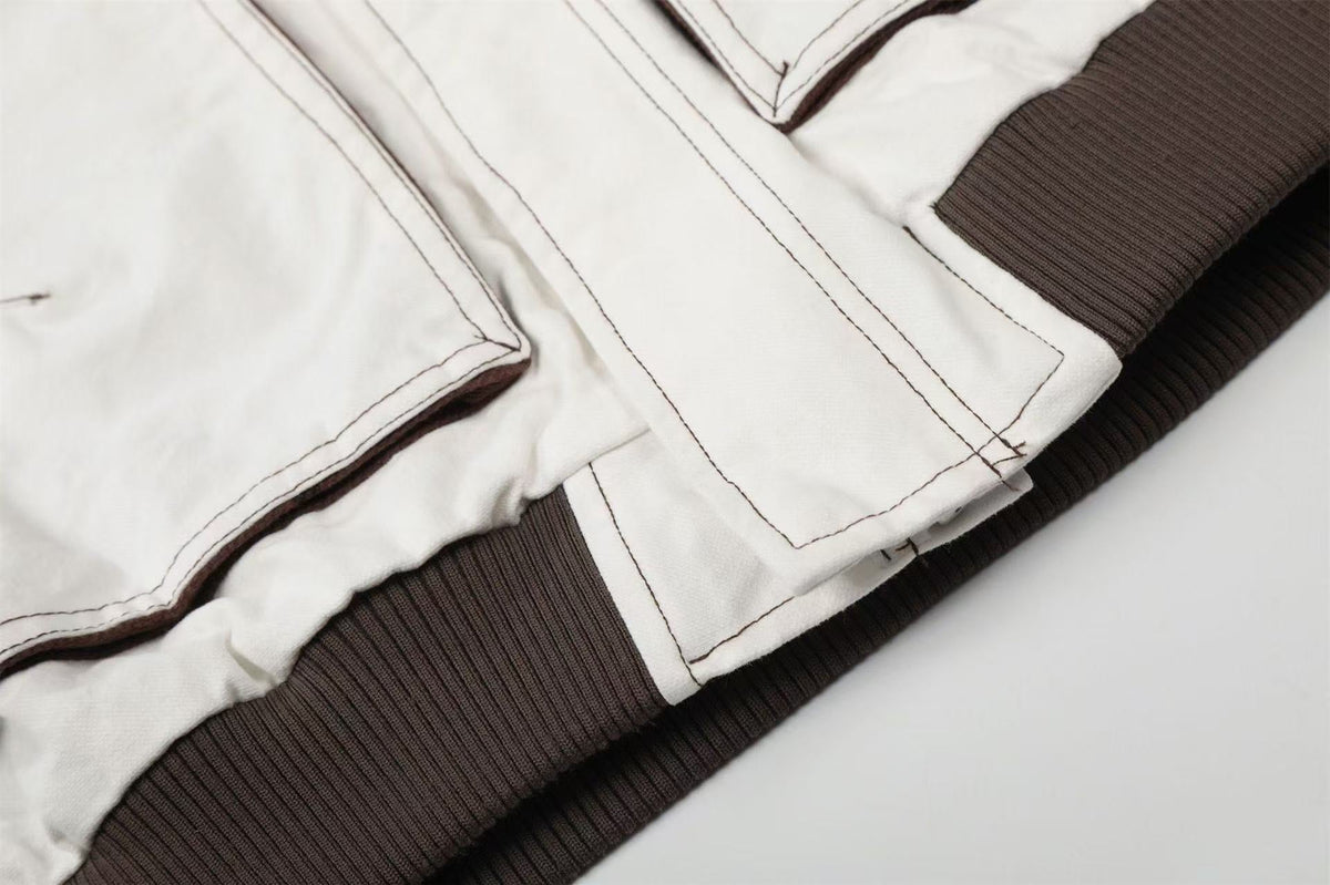 Contrast Leather Collar Stitched Line Workwear Bomber Jacket - OMYGOODS
