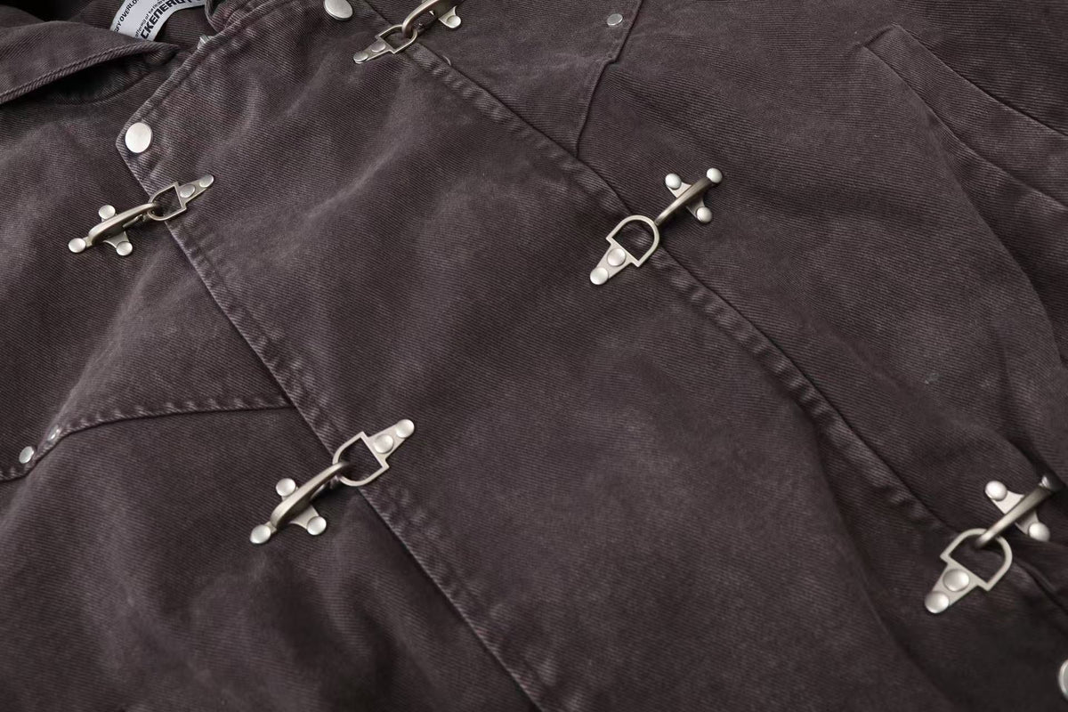 Washed Vintage Metal Buckle Hooded Cropped Jacket - OMYGOODS