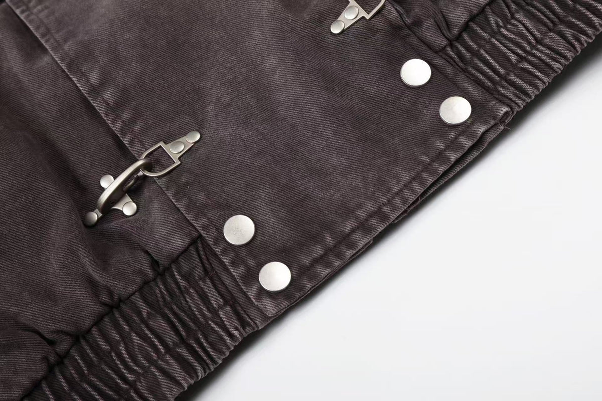 Washed Vintage Metal Buckle Hooded Cropped Jacket - OMYGOODS