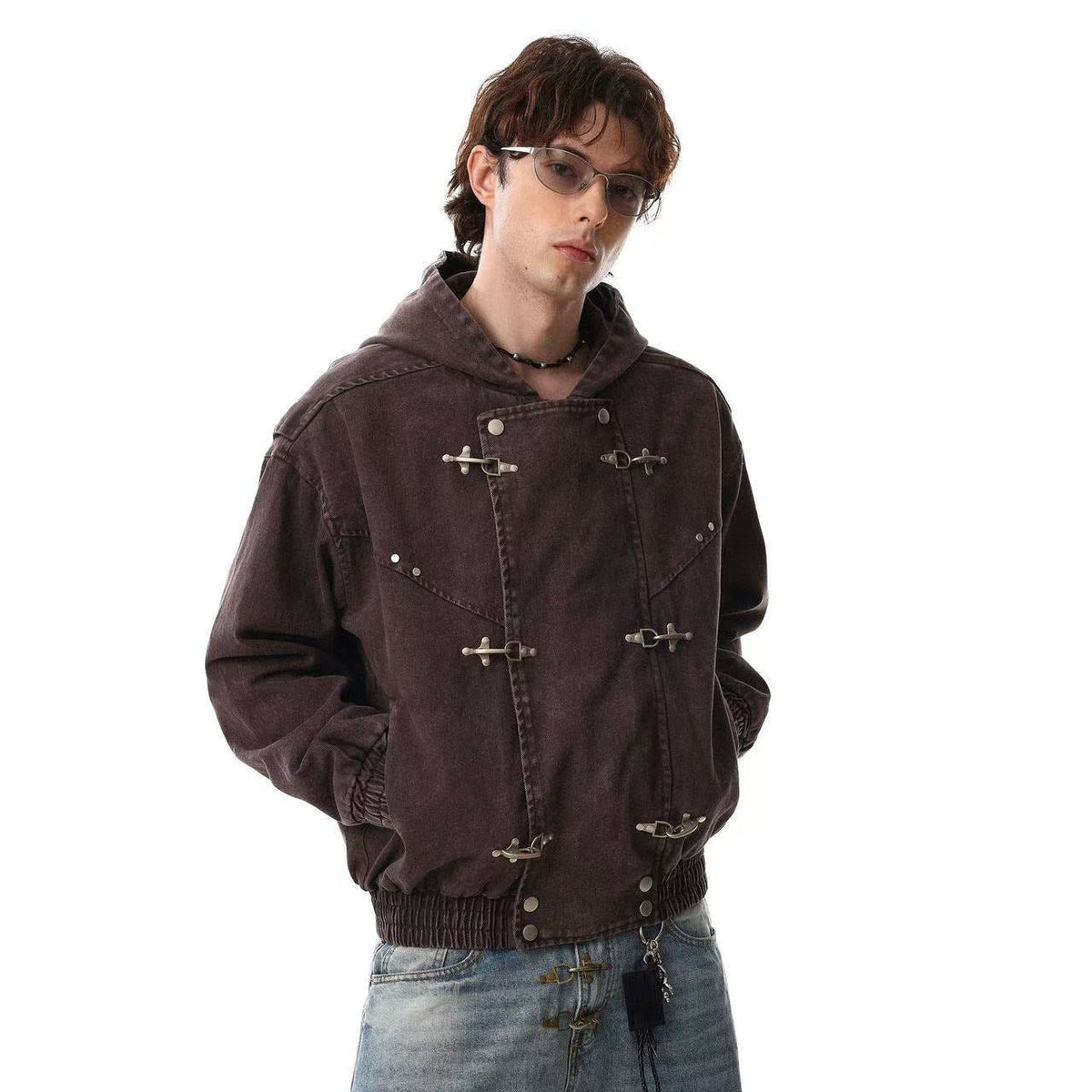 Washed Vintage Metal Buckle Hooded Cropped Jacket - OMYGOODS