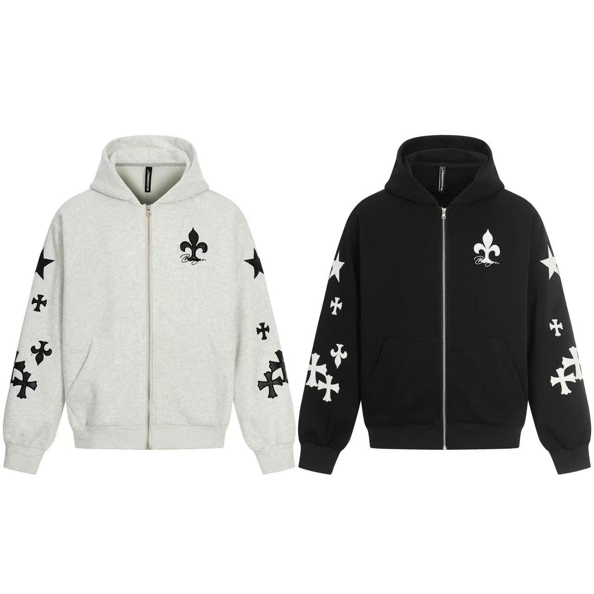 Cross & Fleur-de-lis Patch Full Zip Hoodie - OMYGOODS