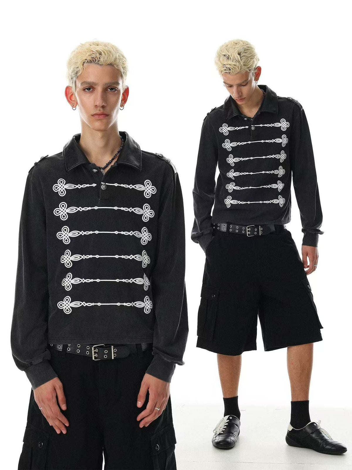Wash Military Rope Print Long Sleeve Polo - OMYGOODS