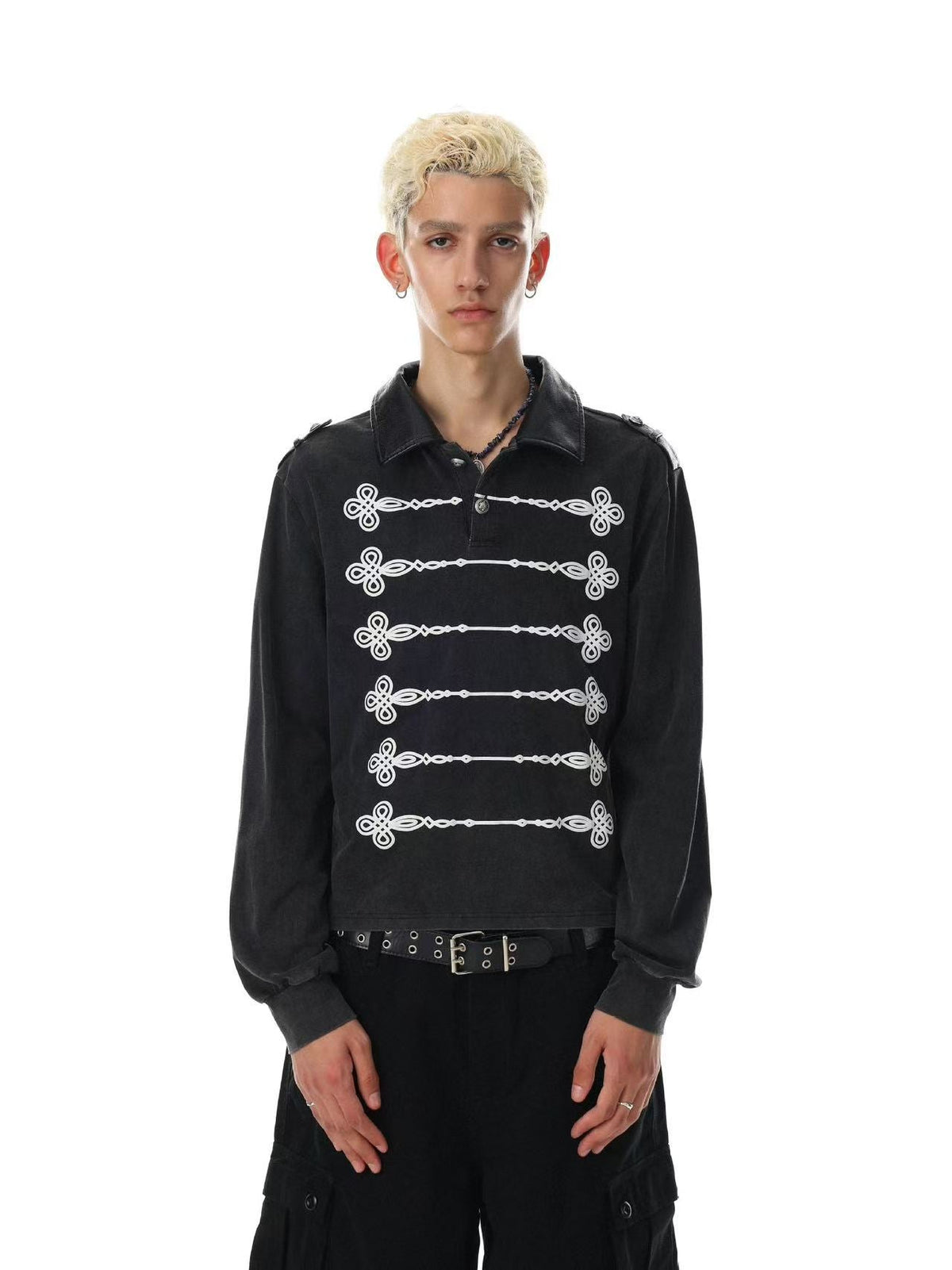 Wash Military Rope Print Long Sleeve Polo - OMYGOODS
