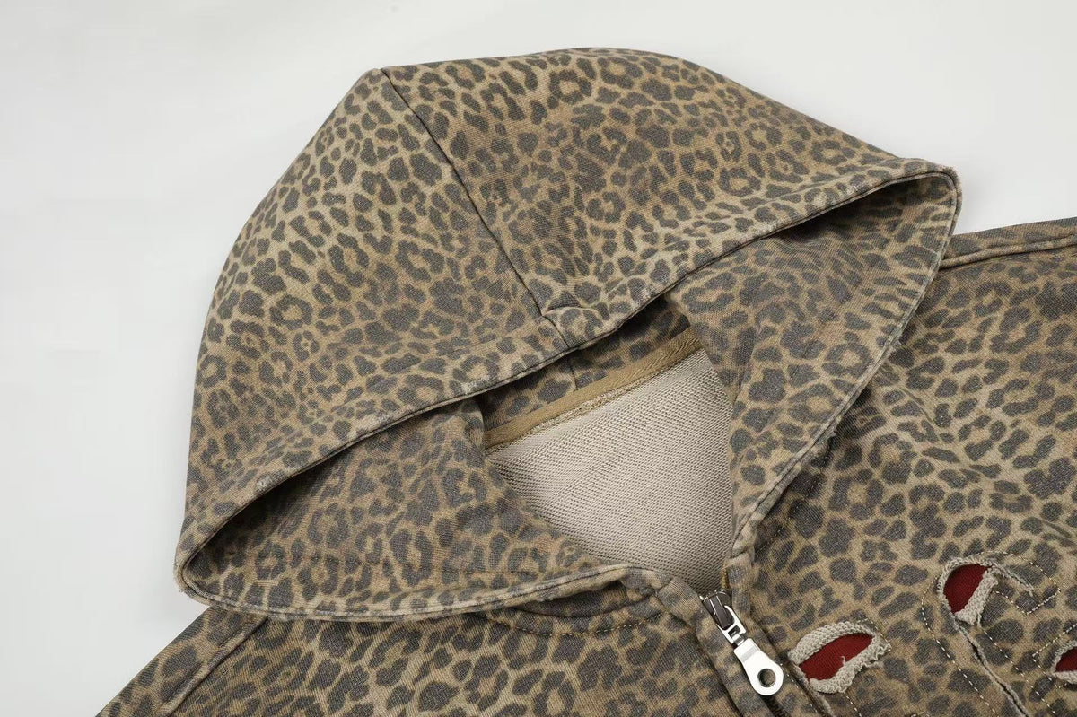 Vintage Leopard Print Distressed Letter Graphic Zip-Up Hoodie, OMYGOODS