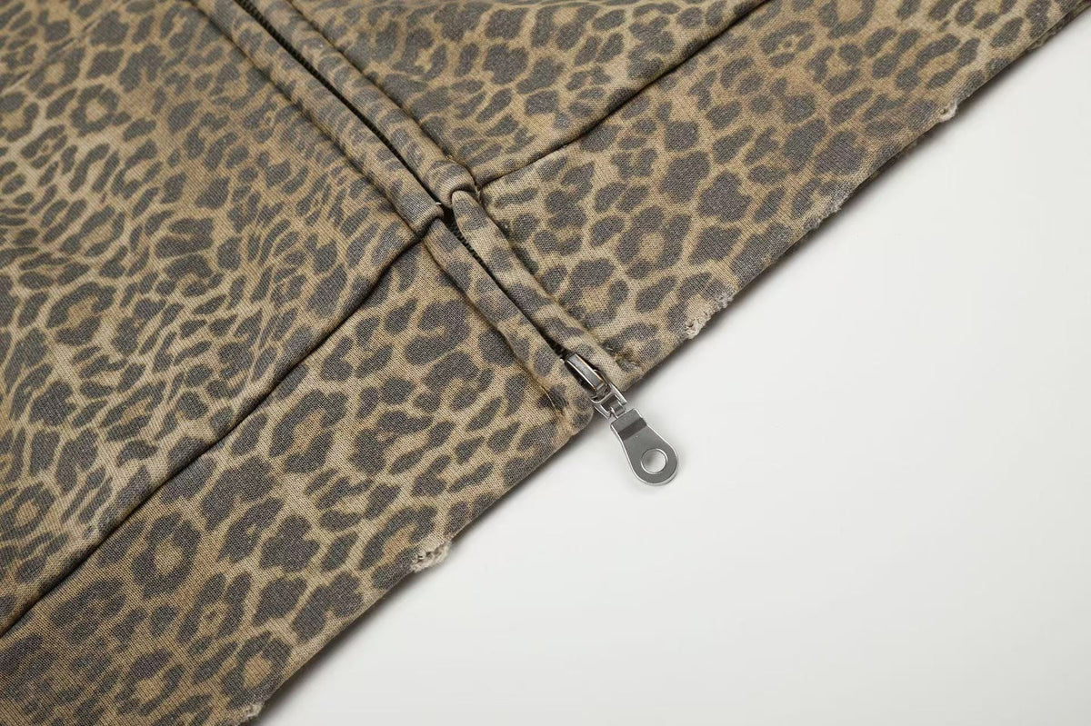 Vintage Leopard Print Distressed Letter Graphic Zip-Up Hoodie, OMYGOODS