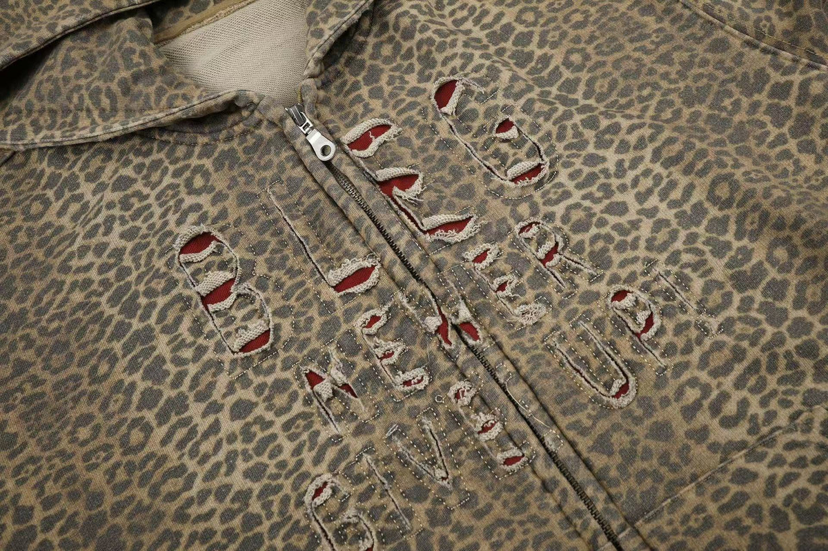 Vintage Leopard Print Distressed Letter Graphic Zip-Up Hoodie, OMYGOODS