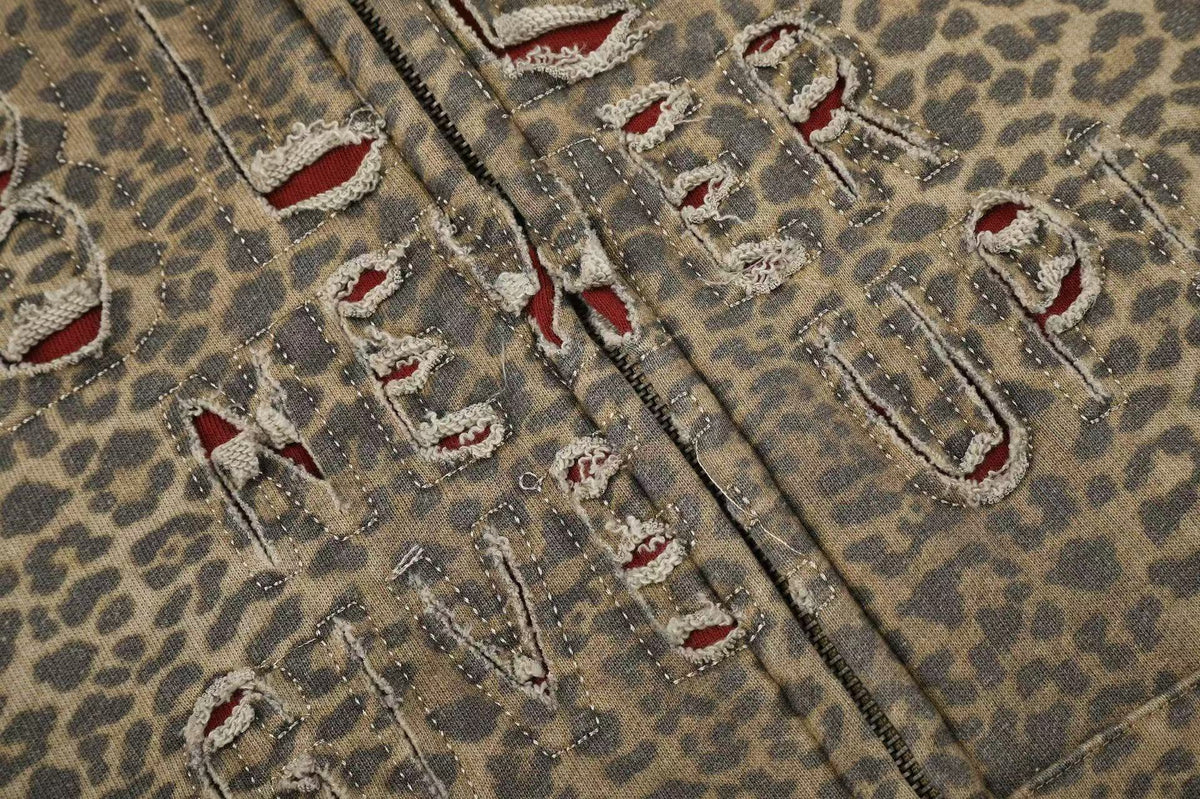 Vintage Leopard Print Distressed Letter Graphic Zip-Up Hoodie, OMYGOODS