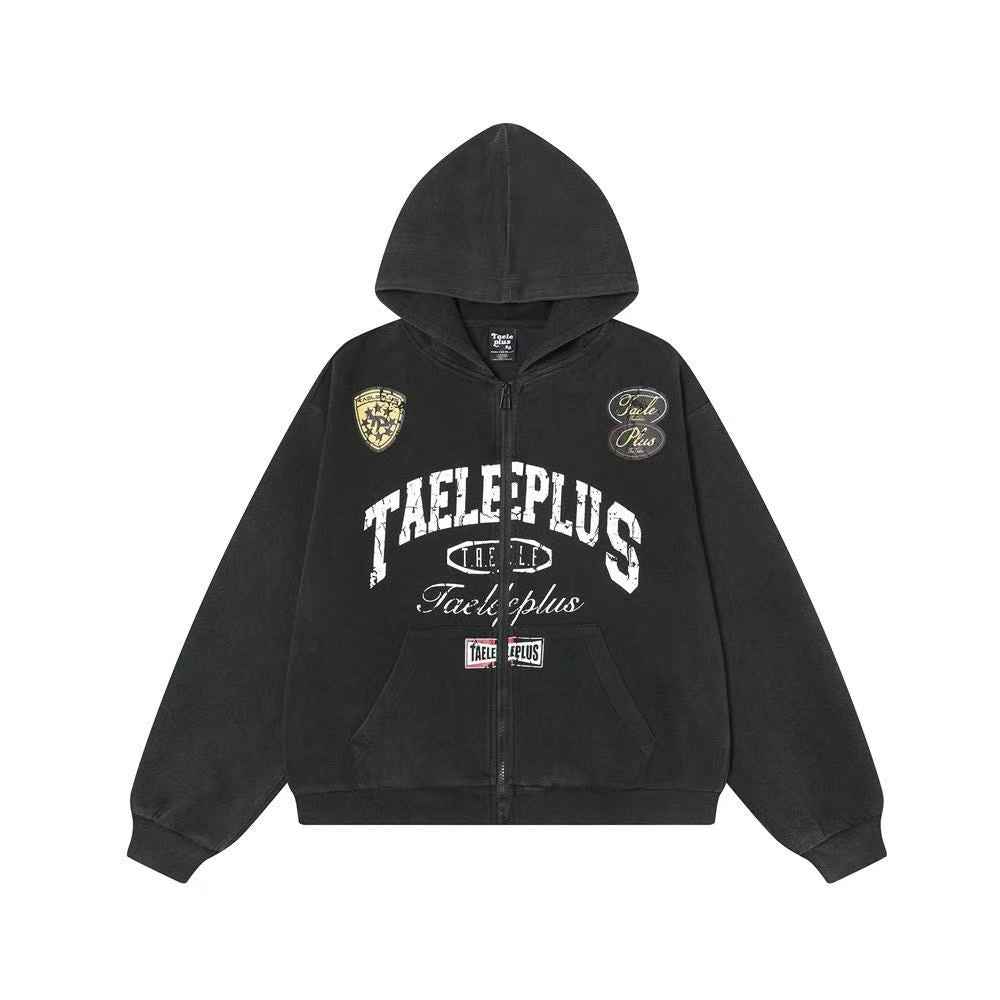 Vintage Graphic Lettering & Patch Details Zip-Up Hoodie