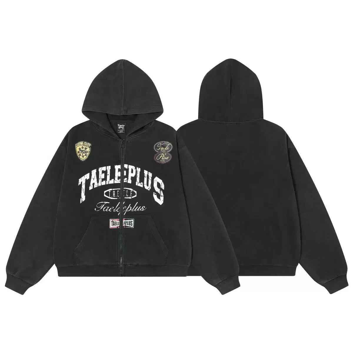Vintage Graphic Lettering & Patch Details Zip-Up Hoodie