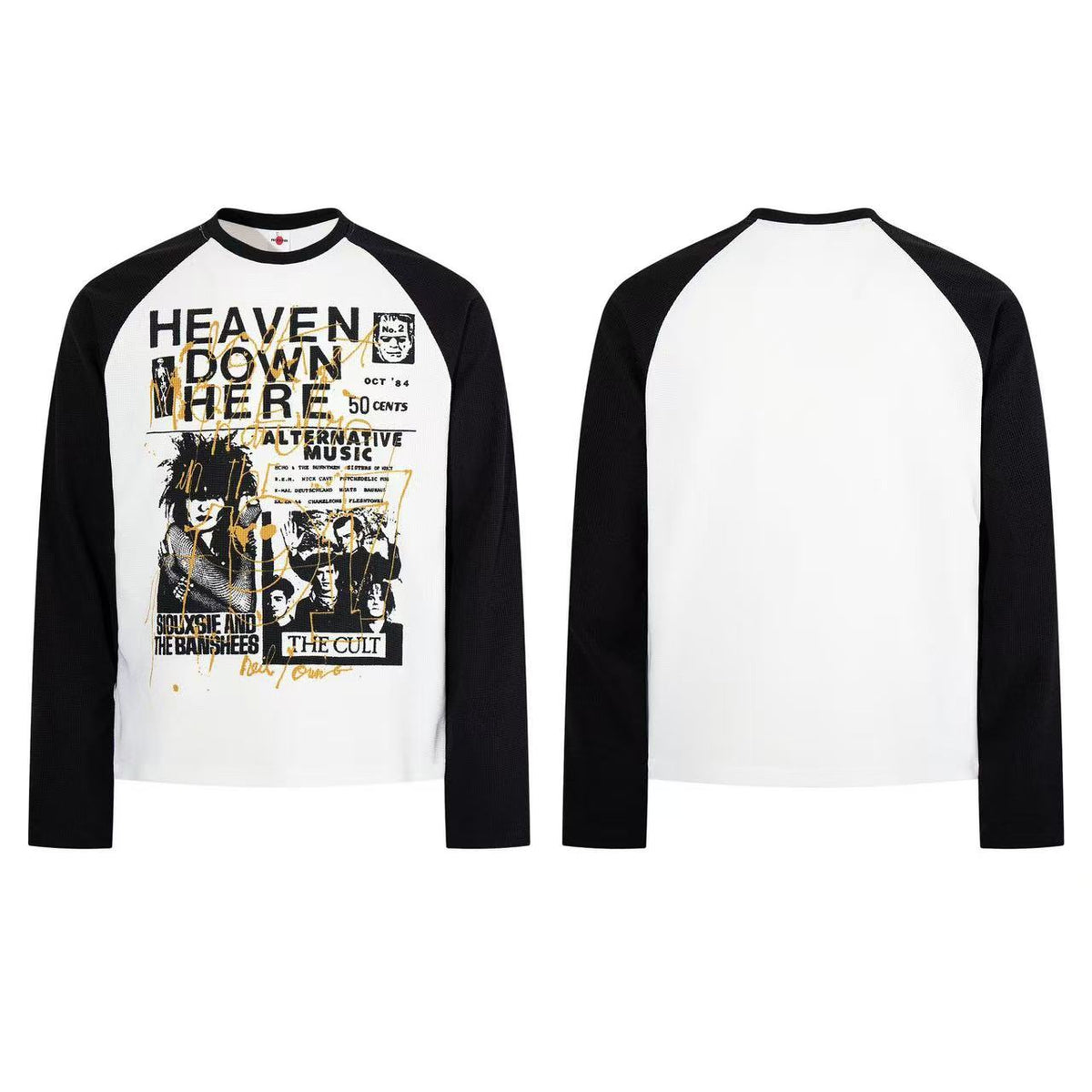 Raglan Band Poster Waffle Knit Long Sleeve - OMYGOODS