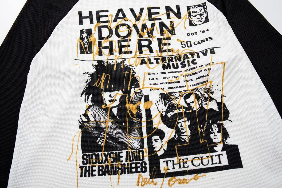 Raglan Band Poster Waffle Knit Long Sleeve - OMYGOODS