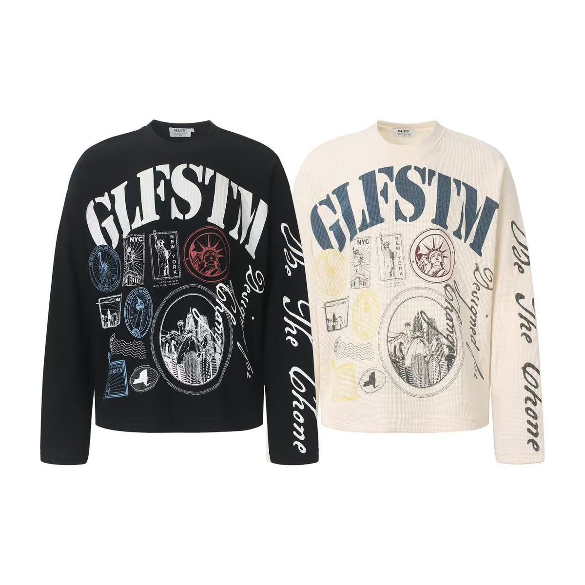 Vintage NYC Stamp Statue of Liberty Graphic Waffle Knit Long Sleeve - OMYGOODS