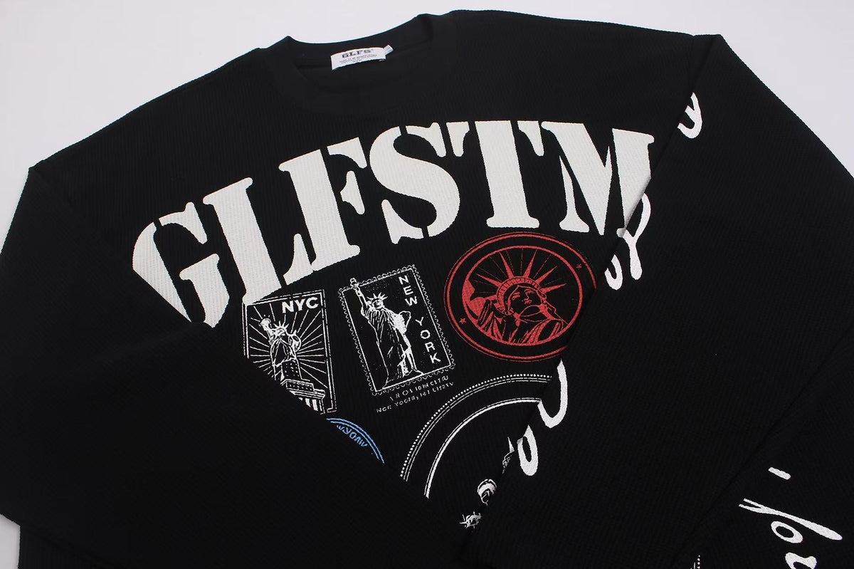Vintage NYC Stamp Statue of Liberty Graphic Waffle Knit Long Sleeve - OMYGOODS