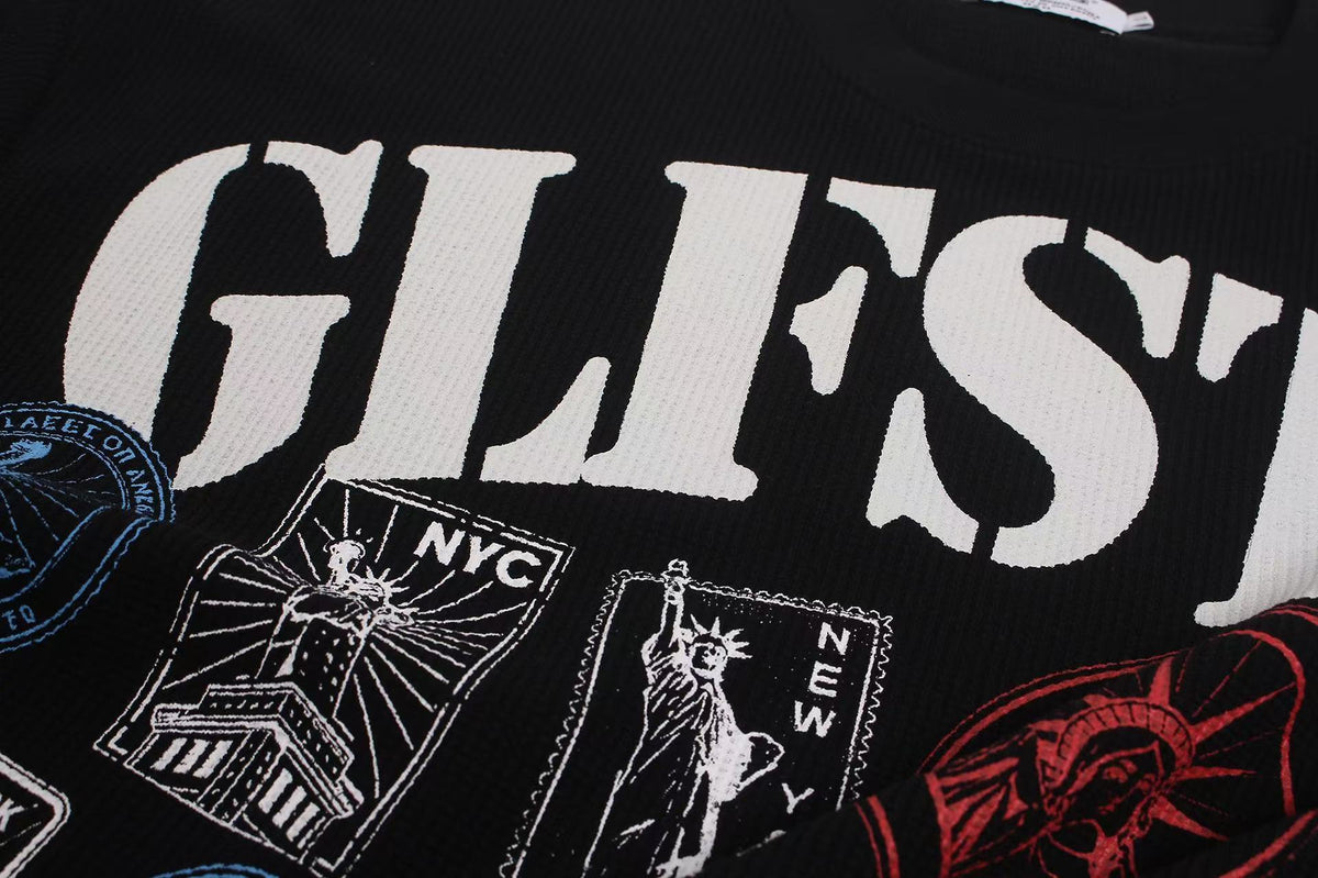 Vintage NYC Stamp Statue of Liberty Graphic Waffle Knit Long Sleeve - OMYGOODS