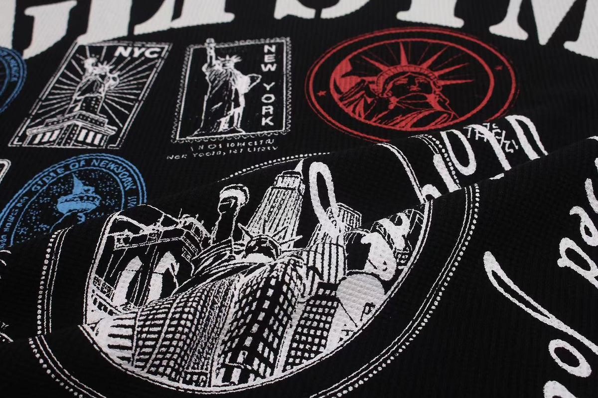 Vintage NYC Stamp Statue of Liberty Graphic Waffle Knit Long Sleeve - OMYGOODS