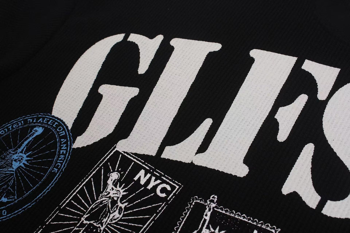 Vintage NYC Stamp Statue of Liberty Graphic Waffle Knit Long Sleeve - OMYGOODS