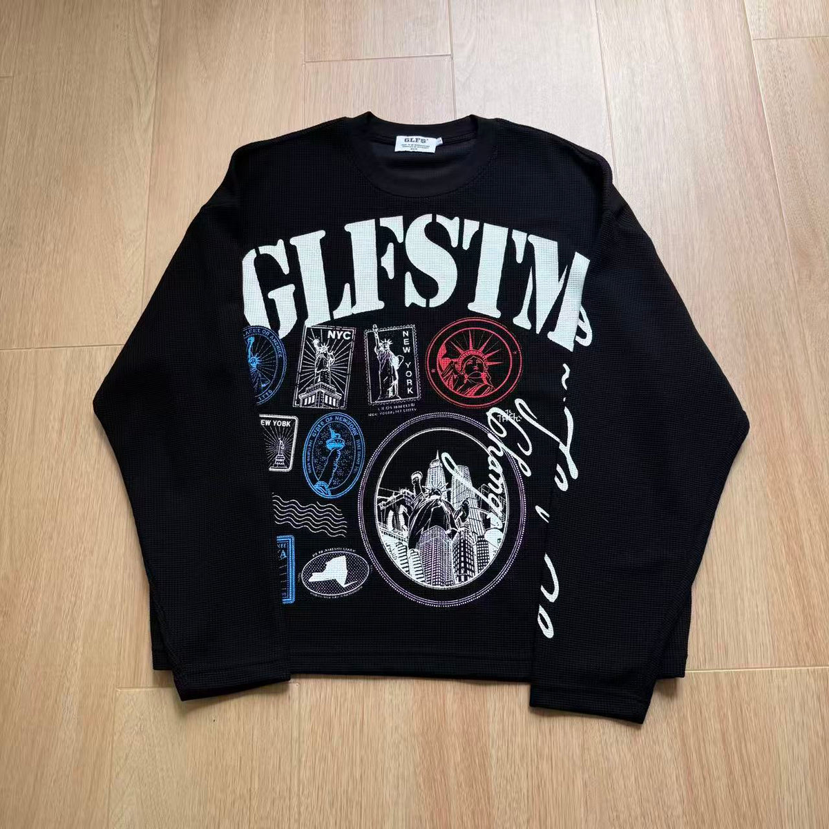 Vintage NYC Stamp Statue of Liberty Graphic Waffle Knit Long Sleeve - OMYGOODS